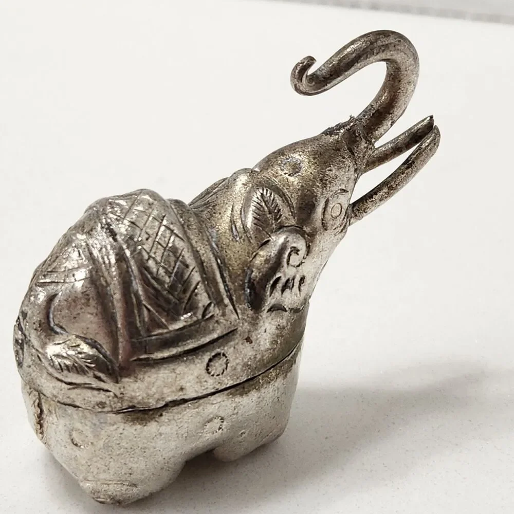 Cambodian Silver Tone Elephant Betel Nut Box Trinket Container Mid-Century